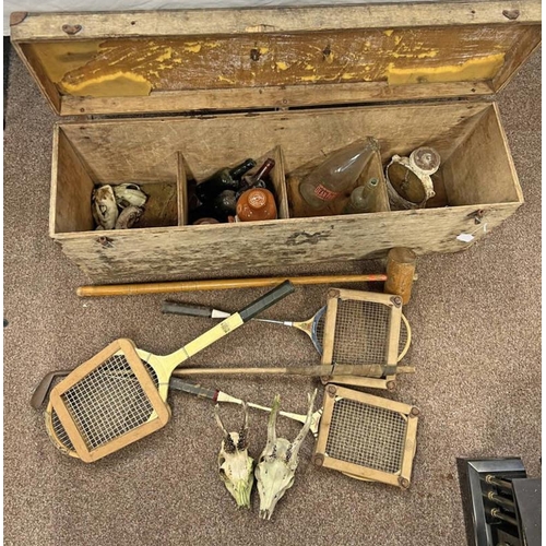 1123 - WOODEN BOX WITH CONTENTS OF MILK BOTTLES, TENNIS RACQUETS, ROE DEER SKULLS, ETC