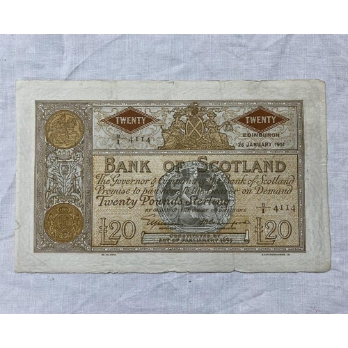 1566 - BANK OF SCOTLAND £20 NOTE, EDINBURGH 26 JANUARY 1951, 8/I 4114