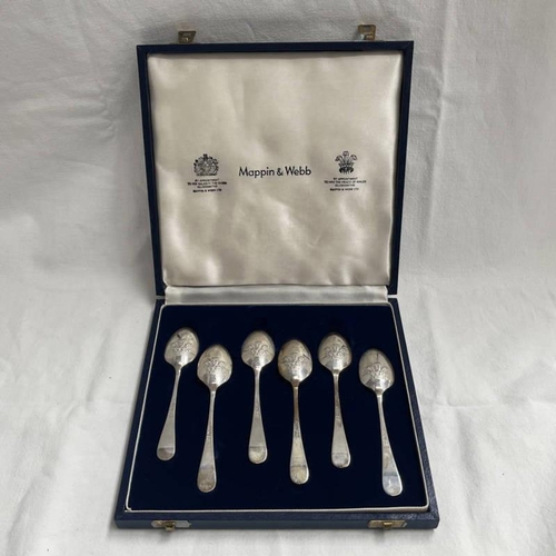 276 - CASED SET 6 SILVER COMMEMORATIVE TEASPOONS WITH PRINCE OF WALES FEATHERS DECORATION BY MAPPIN & WEBB... 