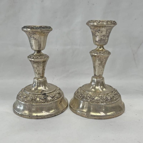 3 - PAIR WHITE METAL CANDLESTICKS ON CIRCULAR BASES, MARKED SILVER - 15CM TALL, 365 G