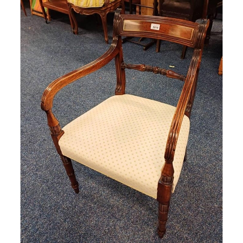 5019 - 19TH CENTURY MAHOGANY OPEN ARMCHAIR WITH BRASS INLAY ON TURNED SUPPORTS