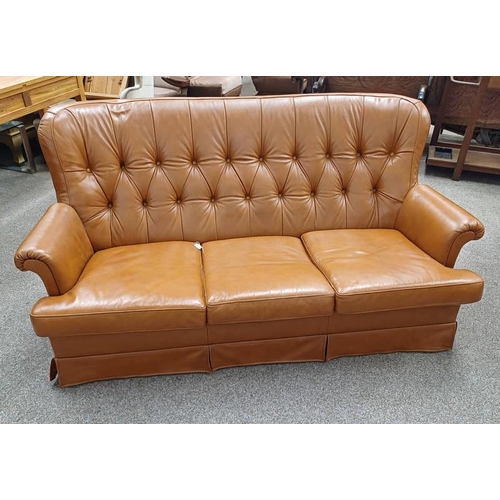 5035 - TAN LEATHER BUTTON BACK 3 SEATER SETTEE