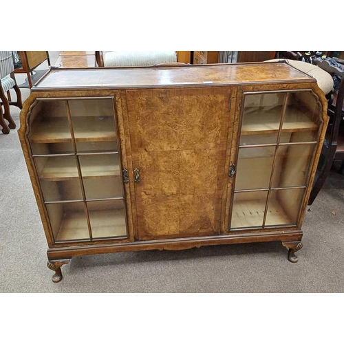 5036 - EARLY 20TH CENTURY WALNUT CABINET WITH CENTRALLY SET PANEL DOOR FLANKED BY 2 GLAZED PANEL DOORS ON S... 