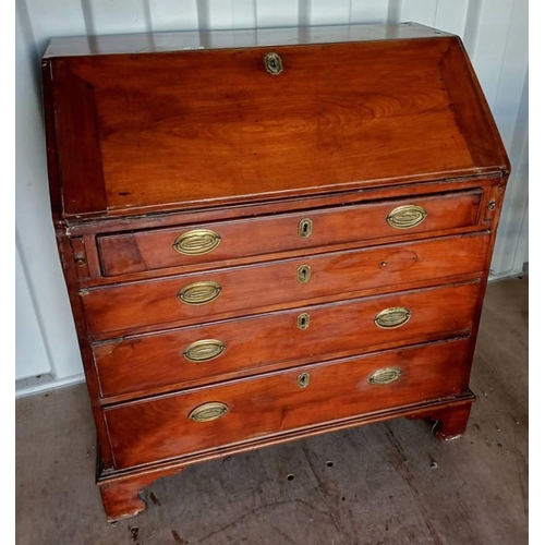 5054 - 19TH CENTURY MAHOGANY BUREAU WITH FALL FRONT OVER 4 DRAWERS ON BRACKET SUPPORTS, 92CM TALL X 82CM WI... 