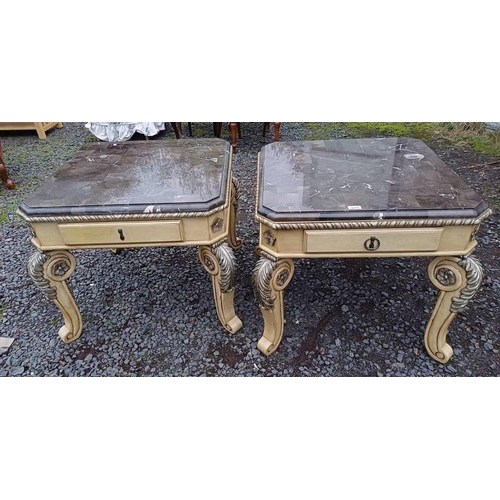 5056 - PAIR OF HARDSTONE TOPPED LAMP TABLES WITH SINGLE DRAWER ON DECORATIVE SHAPED SUPPORTS, 70CM WIDE