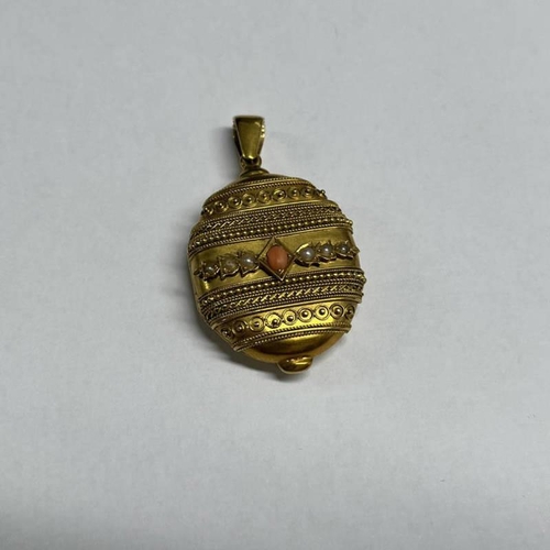 1 - 19TH CENTURY ETRUSCAN REVIVAL GOLD CORAL & SEED PEARL DECORATED OVAL LOCKET PENDANT, THE OVAL CORAL ... 