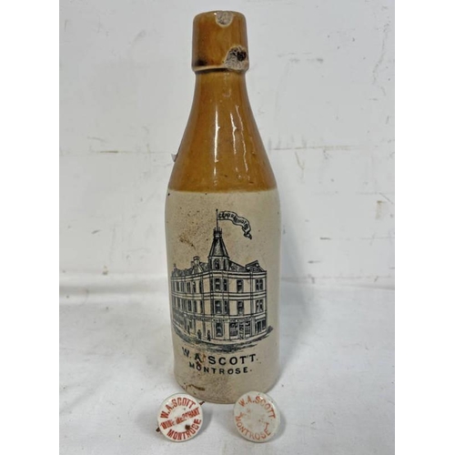 1001 - W A SCOTT MONTROSE CENTRAL HOTEL STONEWARE GINGER BEER BOTTLE (AF) WITH TWO W A SCOTT MONTROSE STOPP... 