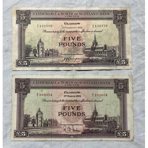 1572 - CLYDESDALE & NORTH OF SCOTLAND BANK LIMITED £5 NOTES X 2, GLASGOW 1ST FEBRUARY 1958 A/V 132779 & 1ST... 