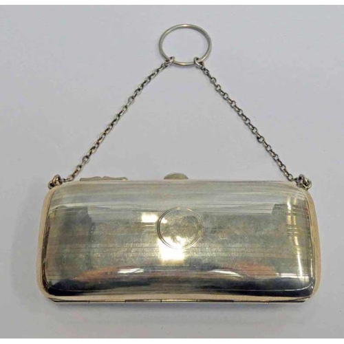 18 - SILVER PURSE WITH ENGINE TURNED DECORATION & LEATHER FITTED INTERIOR ON A CHAIN HANDLE BY DAVIES BRO... 