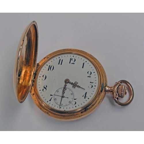 277 - 14CT GOLD HUNTER CASED POCKETWATCH WITH WHITE ENAMEL DIAL - 84G