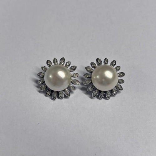 44 - PAIR MABE STYLE PEARL & DIAMOND SUNBURST EAR CLIPS, PEARLS - 16.2MM