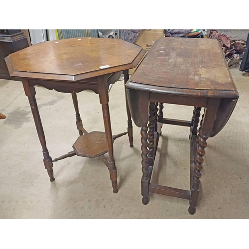 5003 - OAK DROP LEAF TABLE ON BARLEY TWIST SUPPORTS & OAK OCTAGONAL TABLE