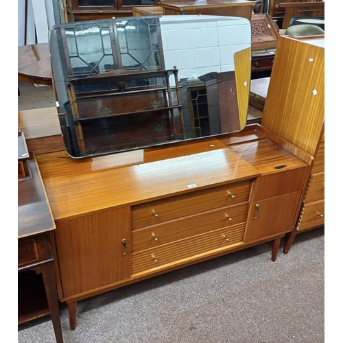 5012 - MID 20TH CENTURY TEAK DRESSING TABLE WITH 3 DRAWERS, 2 PANEL DOORS & TAMBOUR TOP, 125CM WIDE