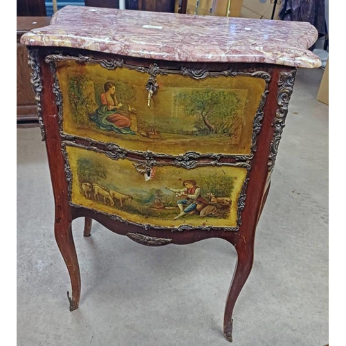 5017 - 20TH CENTURY MARBLE TOPPED CHEST OF 2 DRAWERS WITH PAINTED DECORATION ON SHAPED SUPPORTS, 79CM TALL