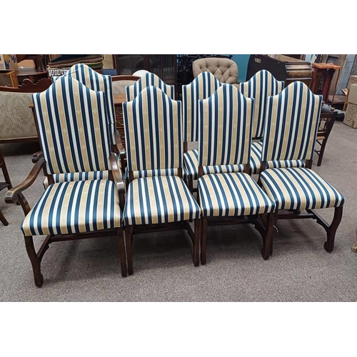 5040 - SET OF 8 OAK FRAMED TALL BACK DINING CHAIRS WITH GOLD & BLUE FLUER-DE-LIS STRIPPED PATTERN INCLUDING... 