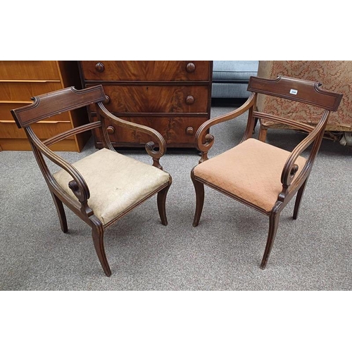 5046 - PAIR OF LATE 19TH OR EARLY 20TH CENTURY MAHOGANY OPEN ARMCHAIRS ON SABRE SUPPORTS