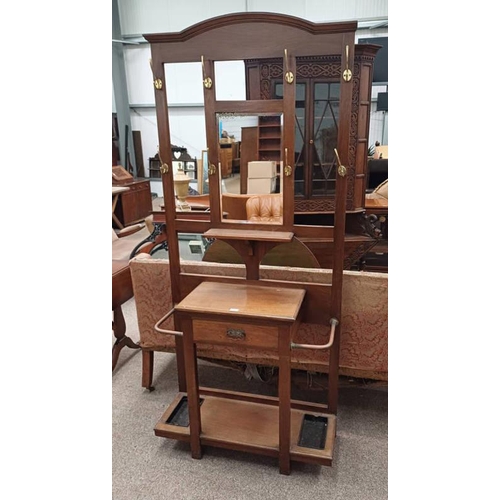 5061 - EARLY 20TH CENTURY MAHOGANY MIRROR BACK HALL STAND WITH SINGLE DRAWER ON SQUARE SUPPORTS.  209 CM TA... 