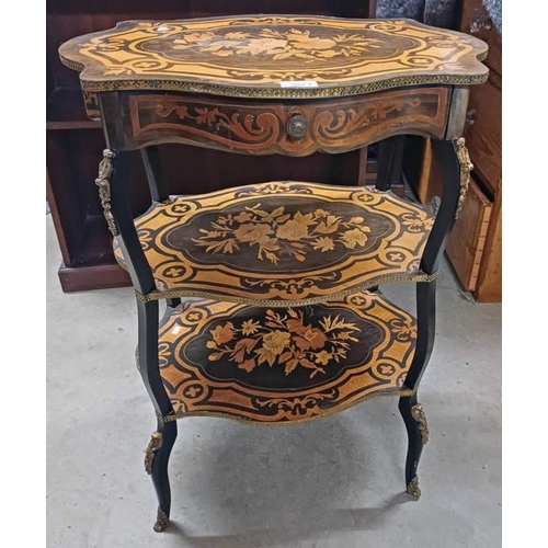 5071 - INLAID CONTINENTAL 3 TIER WHAT-NOT WITH SHAPED TOP, SINGLE DRAWER & GILT ORMOLU MOUNTS ON SHAPED SUP... 