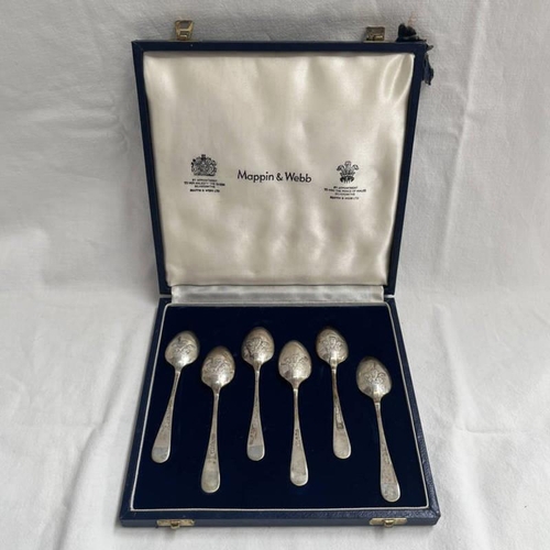 54 - CASED SET 6 SILVER COMMEMORATIVE TEASPOONS WITH PRINCE OF WALES FEATHERS DECORATION BY MAPPIN & WEBB... 