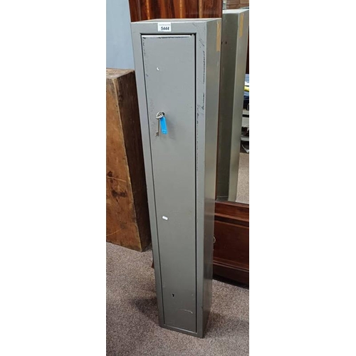 5444 - METAL GUN CABINET. KEYS IN OFFICE  - 131 CM TALL X 22 CM WIDE X 20 CM DEEP