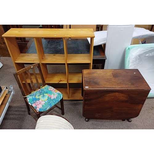 5446 - MAHOGANY DROP LEAF TABLE, PINE SHELF UNIT & CHAIR