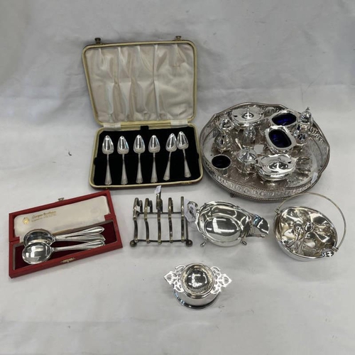 59 - SILVER PLATED CRUET SPOONS, CASED SPOONS, TOAST RACK & SILVER SAUCE BOAT, SHEFFIELD 1964, ETC