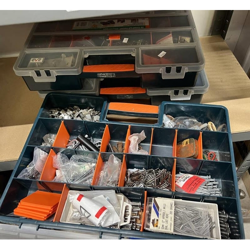 6012 - 3 MULTI COMPARTMENT FIXINGS BOXES WITH CONTENTS OF VARIOUS NAILS, SCREWS ETC