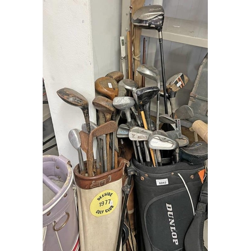 6042 - SELECTION OF VARIOUS GOLF CLUBS TO INCLUDE HICKORY SHAFTED EXAMPLES, EXCEL PUTTER, ETC IN GOLF BAGS