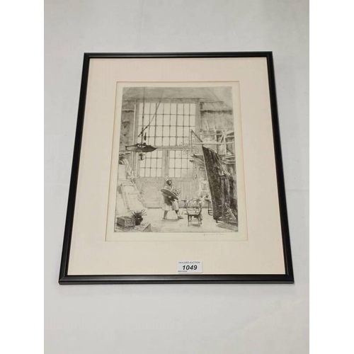 1049 - JOHN M AIKEN ARTIST IN HIS STUDIO SIGNED IN PENCIL FRAMED ETCHING 30 X 20 CM