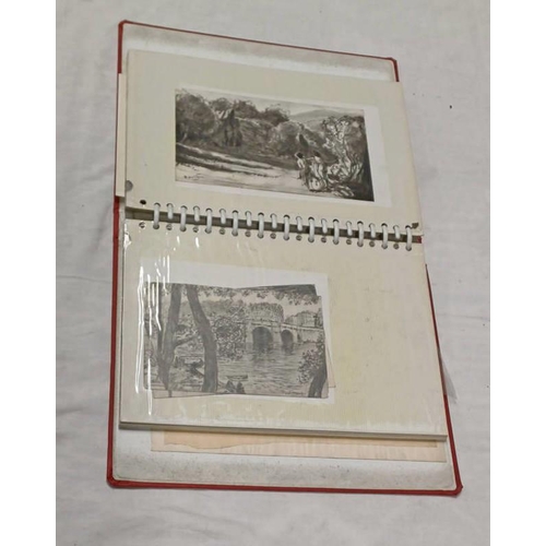 1095 - DAVID WATERSON RED PHOTOGRAPH ALBUM WITH CONTENTS OF ETCHINGS, WATERCOLOURS & SKETCHES OF PARIS ETC.