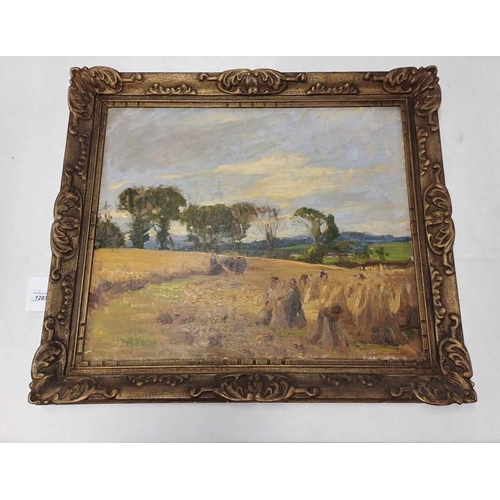 1287 - SCOTTISH SCHOOL BRINGING IN THE HAY UNSIGNED FRAMED OIL PAINTING 50 X 60 CM