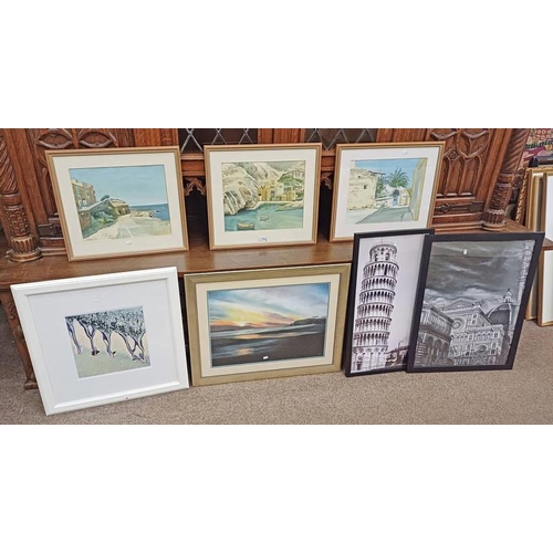 1323 - 3 FRAMED WATERCOLOURS OF MEDITERRANEAN SCENES SIGNED J B DICKIE 28 CM X 34 CM FRAMED PASTEL OF COAST... 