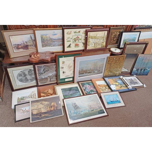 1326 - LARGE SELECTION OF FRAMED PICTURES, WALL CLOCKS ETC INCLUDING BUTTERWORTH SIGNED PRINT ETC