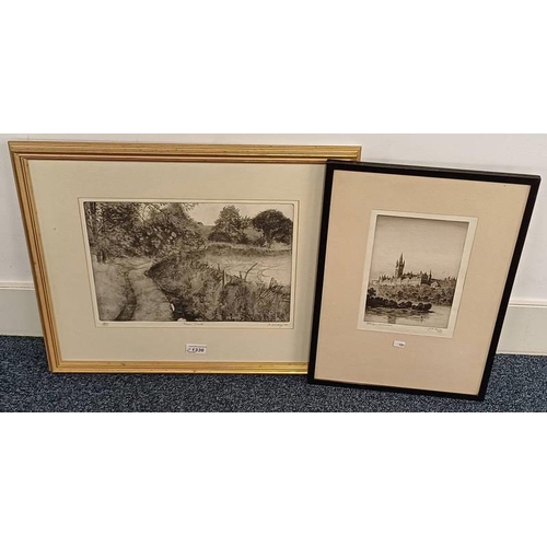 1336 - 2 FRAMED SIGNED ETCHINGS: FARM TRACK BY A LINDSAY - 25 CM X 35 CM & GLASGOW UNIVERSITY BY KING -  22... 