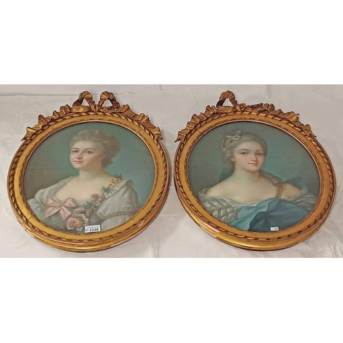 1338 - PAIR DECORATIVE GILT FRAMED OVAL WATERCOLOURS OF YOUNG LADIES 44 CM X 36 CM