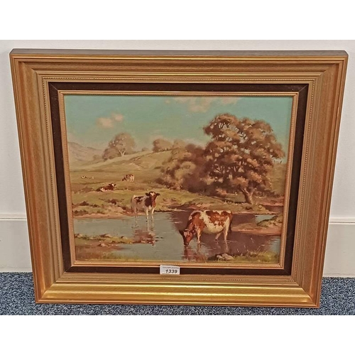 1339 - R FORSYTH 'CATTLE AT RIVER' SIGNED FRAMED OIL PAINTING 34 CM X 39 CM