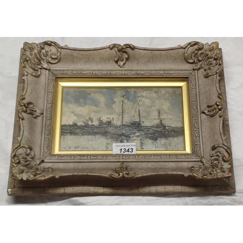 1343 - WILLIAM ALFRED GIBSON 'A DUTCH WATERWAY' SIGNED FRAMED OIL PAINTING 12 CM X 20 CM