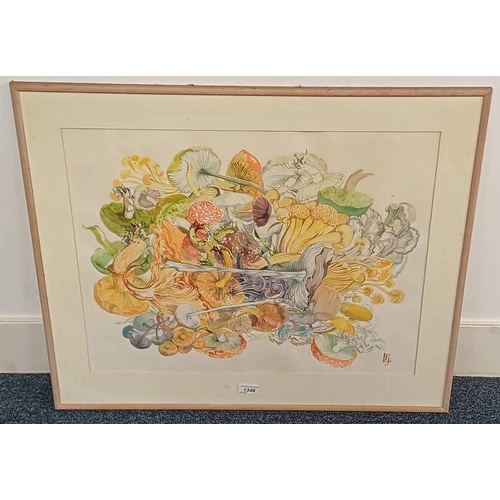 1346 - L F J   'MUSHROOMS' SIGNED WITH INITIALS FRAMED WATERCOLOUR 48 CM X 61 CM