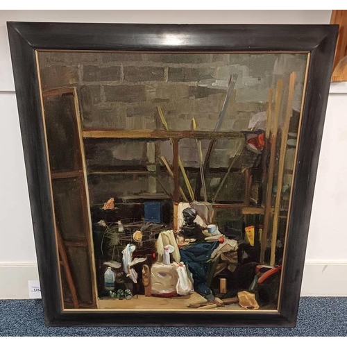 1354 - DAVID MCCLURE - (ARR)  'GARAGE CONTENTS' SIGNED FRAMED OIL PAINTING 73 CM X 65 CM