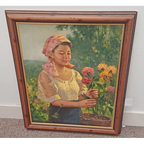 1365 - OSCAR RAMOS A YOUNG WOMAN HOLDING FLOWERS  FRAMED OIL ON BOARD   73CM X 58CM