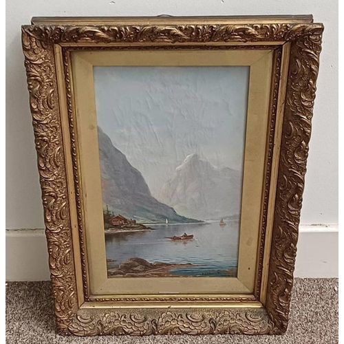 1371 - NIELS HANS CHRISTIANSEN 'SAILING IN MOUNTAIN LAKE' SIGNED GILT FRAMED OIL ON CANVAS 43 CM X 23 CM