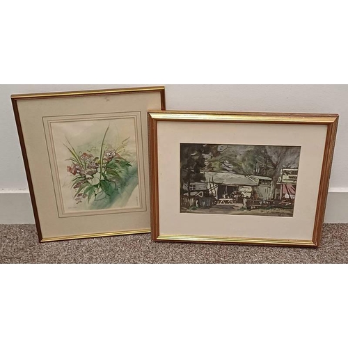 1372 - ALISON J EWAN, 'PURPLE PRIMULAS' SIGNED, GILT FRAMED WATER COLOUR, 32 CM X 23 CM , TOGETHER WITH FRA... 