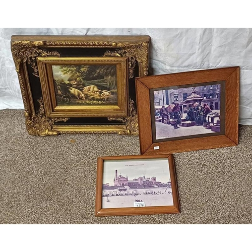 1378 - GILT FRAMED PICTURE OF A FARM SCENE, UNSIGNED TOGETHER WITH 2 FRAMED PHOTOS OF ABERDEEN.