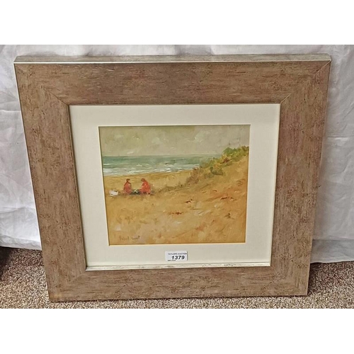 1379 - MICHAEL EWART 'THE PICNIC' FRAMED OIL ON BOARD SIGNED, LABEL TO REVERSE 23 CM X 23 CM