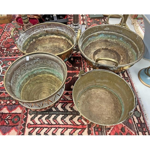 2062 - PAIR OF 19TH OR 20TH CENTURY BRASS PANS WITH RAISED BASES, BRASS JELLY PAN & AN EMBOSSED BRASS POT -... 