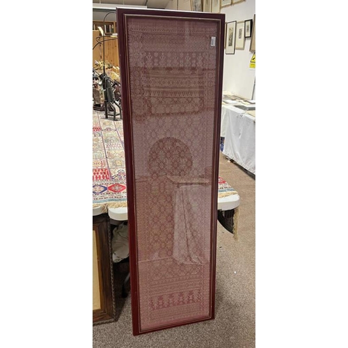 2235 - INDONESIAN / THAI BURGUNDY SILK AND SILVER TEXTILE PANEL, 50CM X 167CM OVERALL