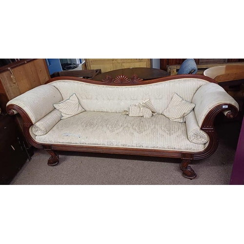 264 - 19TH CENTURY MAHOGANY FRAMED SCROLL ARM SETTEE WITH SHAPED BACK ON DECORATIVE PAW FEET