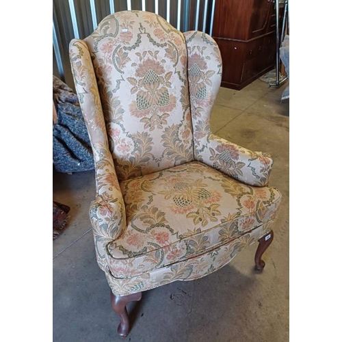 268 - OVERSTUFFED WINGBACK ARMCHAIR ON QUEEN-ANNE SUPPORTS BY ETHAN ALLEN