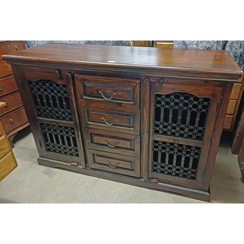 270 - EASTERN HARDWOOD SIDEBOARD WITH 4 CENTRALLY SET DRAWERS FLANKED BY 2 PANEL DOORS WITH WIREWORK DECOR... 