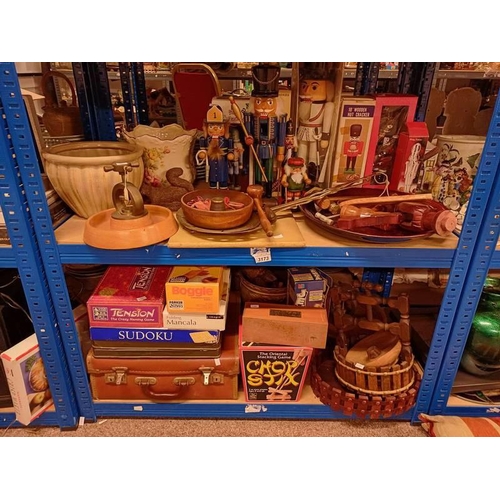 3173 - VARIOUS WOODEN WARE INCLUDING NUT CRACKER FIGURES, VARIOUS FRAMES, PORCELAIN ETC ON 2 SHELVES